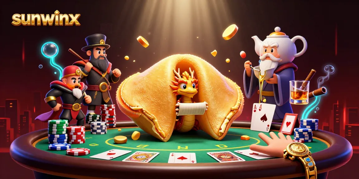Engage with sunwinx through a vibrant casino scene featuring a golden fortune cookie and poker elements.