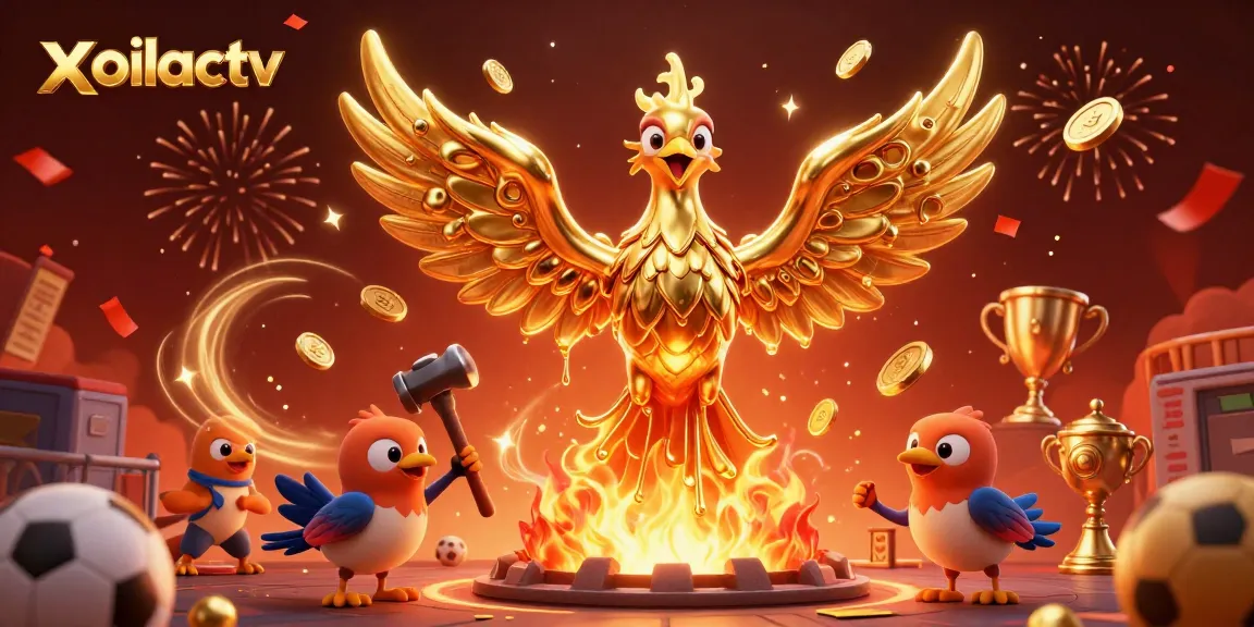 Xoilactv showcases a molten golden phoenix amidst sports betting elements, capturing live gamble excitement.