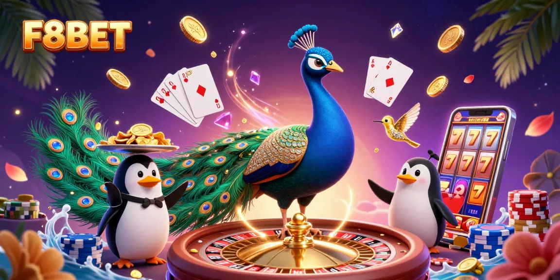 Experience thrilling play at F8BET with casino games, luxurious peacocks, and dazzling treasures!