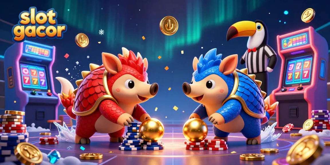 Experience the thrill of slot gacor gaming with animated pangolins rolling through vibrant poker chips in this dynamic illustration.