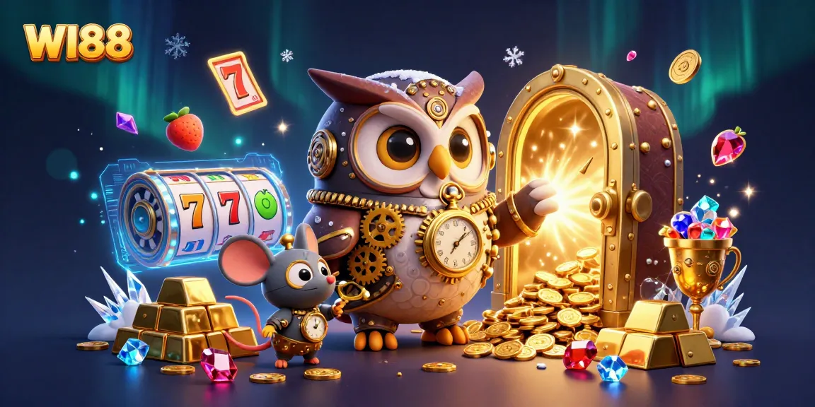 Experience the thrill of WI88 casino with a vibrant 3D illustration featuring steampunk characters and thrilling slot elements.