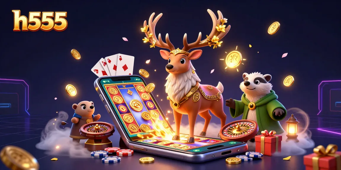 Experience the vibrant world of h555 with a magical druid stag, gaming elements, and mystical lights.