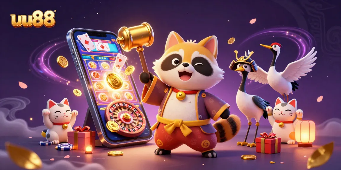 uu88 showcases a 3D tanuki celebrating with casino elements including slots and golden coins.