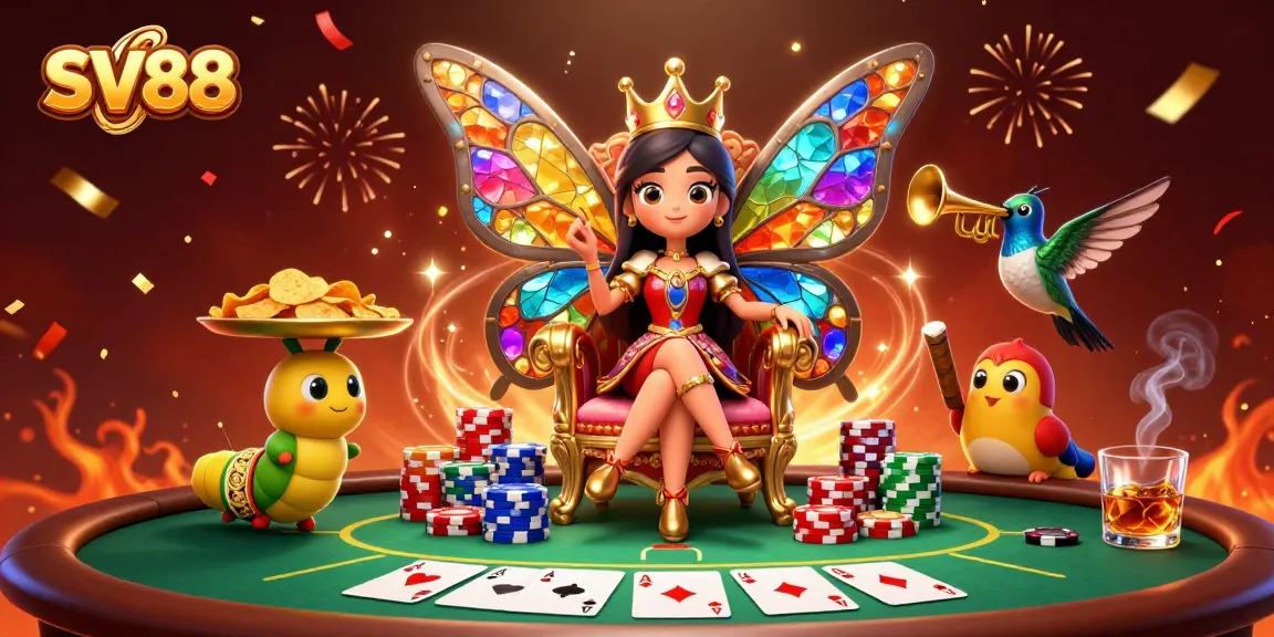 SV88 showcases a vibrant butterfly queen on throne with poker chips and a festive atmosphere.