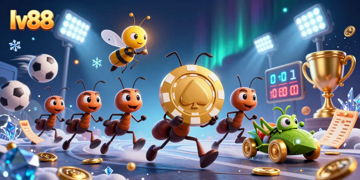 Experience thrilling action with lv88 as ants execute a heist for a giant poker chip amidst vibrant casino elements.