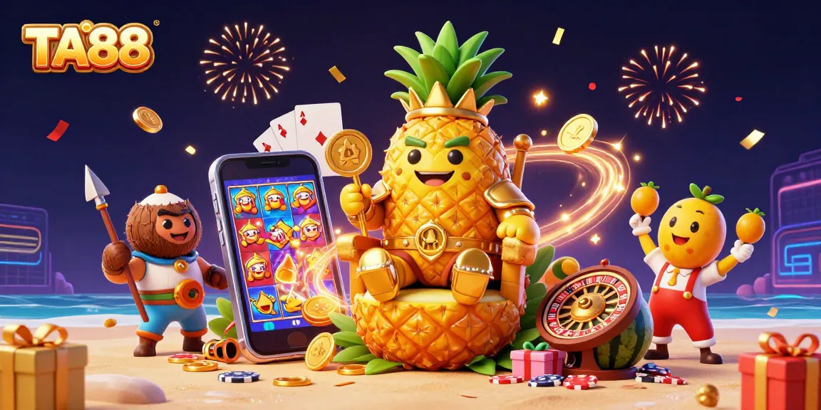 Spin your luck with TA88 at the vibrant beach casino featuring a pineapple king and golden treasures.