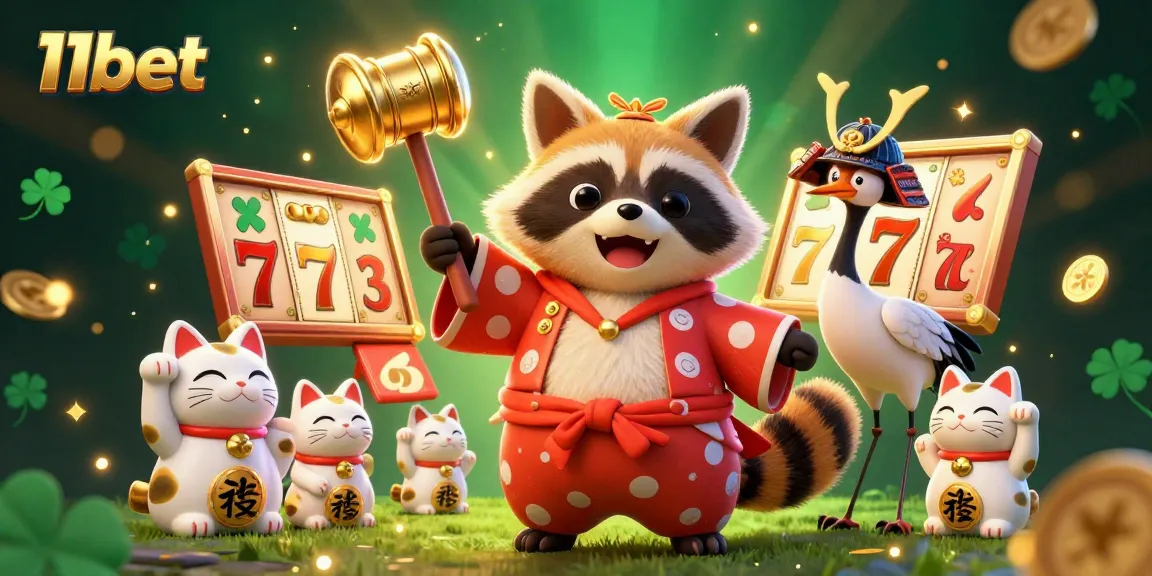 Enjoy exciting slot games at 11bet with cheerful characters celebrating good luck and fortune.