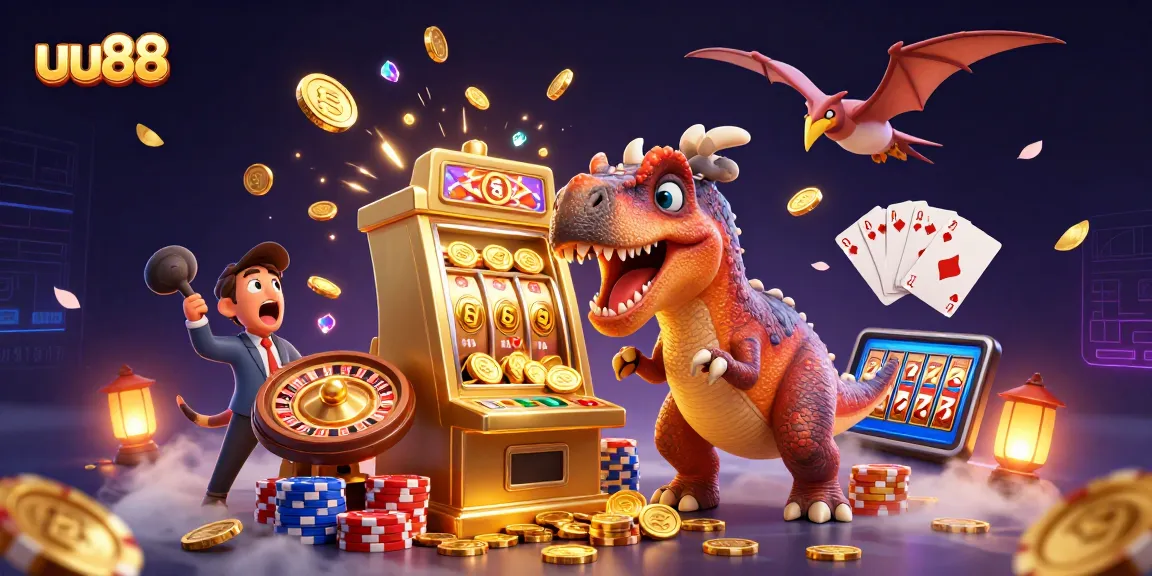 uu88 players engaging with a vibrant casino scene of a pachycephalosaurus and jackpots.