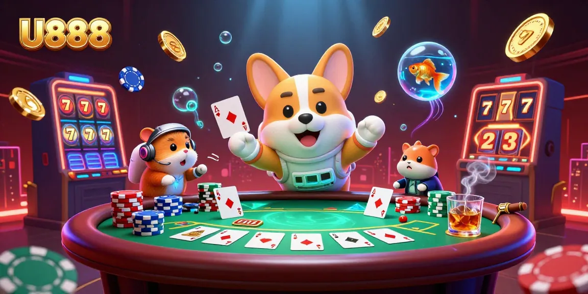 U888 casino atmosphere showcasing an astronaut corgi with floating poker elements and vibrant details.