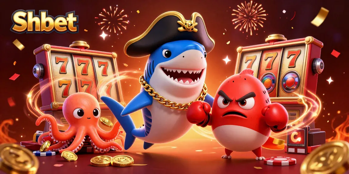Experience the excitement at Shbet with pirate characters, colorful slots, and festive casino elements in a vibrant scene.