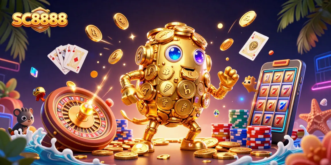 Experience the excitement of SC8888 with a 3D illustration of animated casino elements and golden golem.
