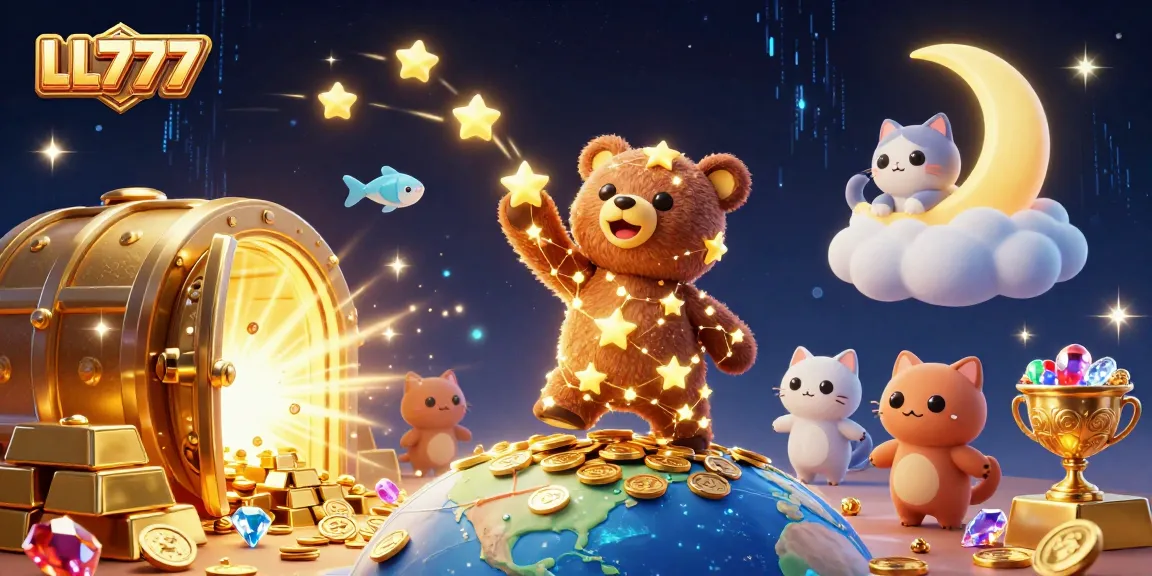 Unleash the magic of LL777 with a vivid 3D bear collecting coins among dazzling casino treasures.