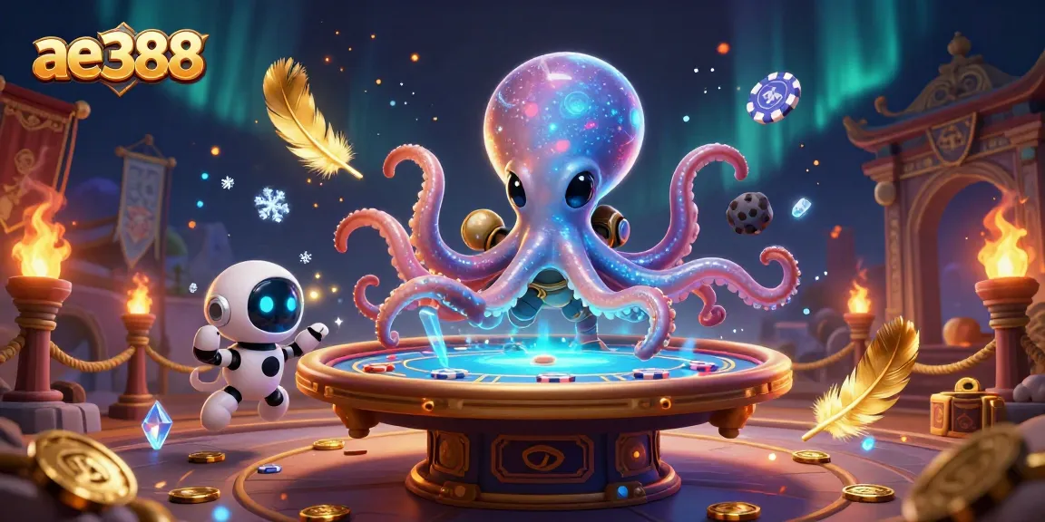 Experience ae388’s vibrant casino world with an alien octopus at a holographic poker table.