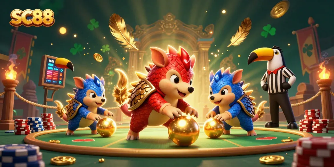 SC88 pangolins compete in a colorful gambling arena, depicting vibrant casino action.