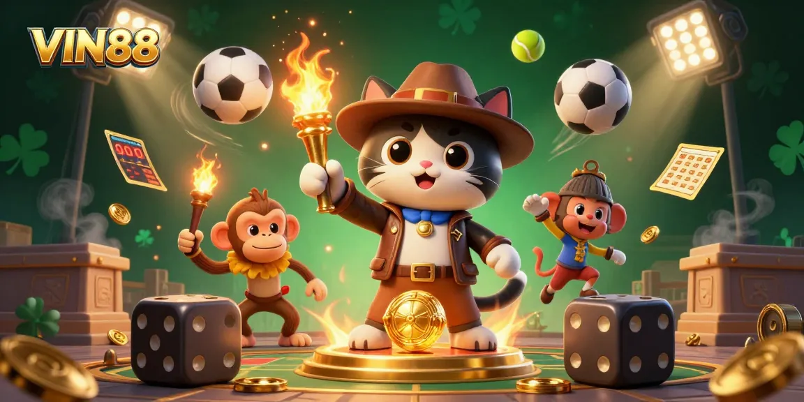 Experience thrilling gaming at VIN88 with an explorer cat and monkey discovering casino treasures.