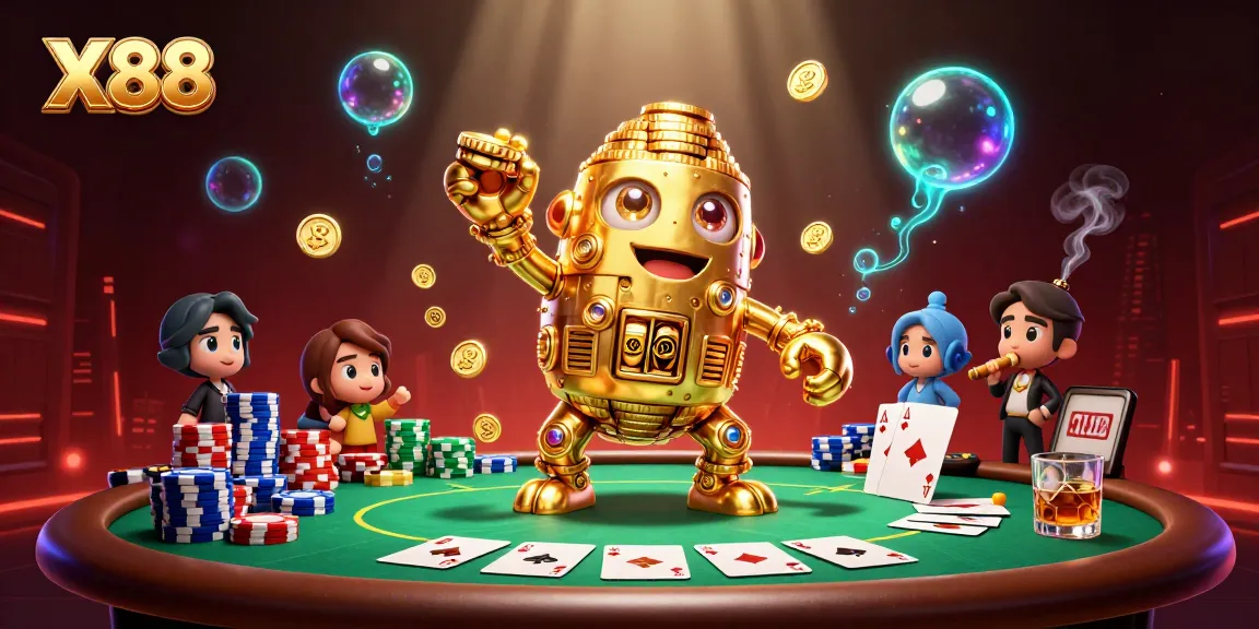 X88 features a golden golem surrounded by vibrant poker elements and dramatic illustrations, enriching the gaming experience.