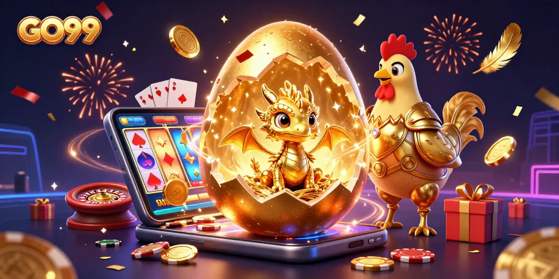 Join GO99 for thrilling gaming action with a golden dragon and poker chips in a vibrant casino scene.