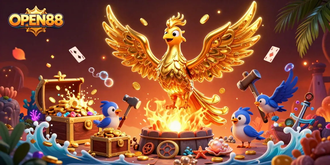 Open88's golden phoenix rises with treasures, portraying online gaming excitement.