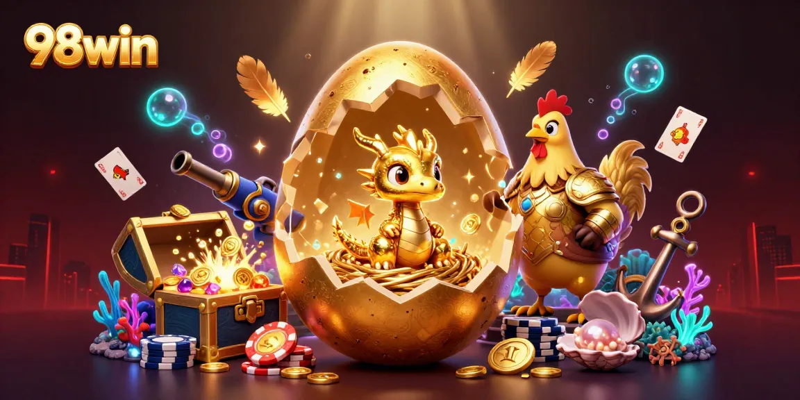 Win big at 98win with a dazzling golden dragon surrounded by poker chips and treasure!