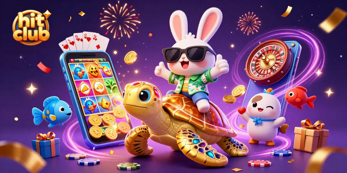 Spin the reels with hit club's lucky rabbit and sea turtle in this vibrant casino scene!