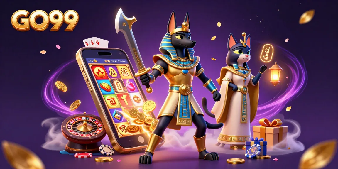 Experience thrilling gaming excitement with GO99's vibrant slot games and winnings in a dynamic illustration.