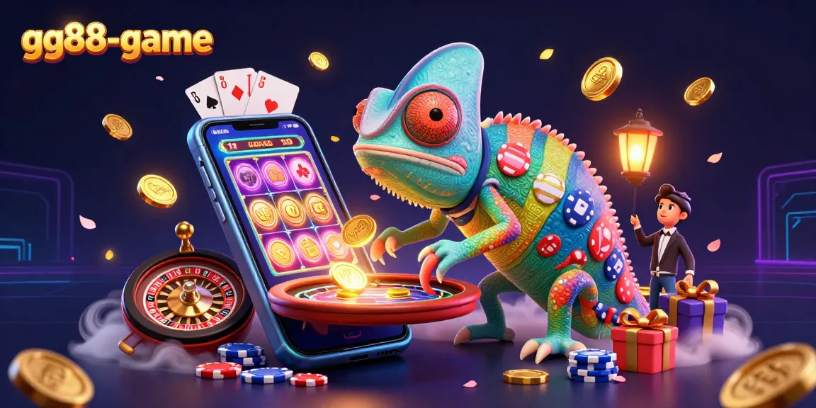 Experience excitement at gg88-game with a colorful chameleon casino owner surrounded by playful gaming elements.