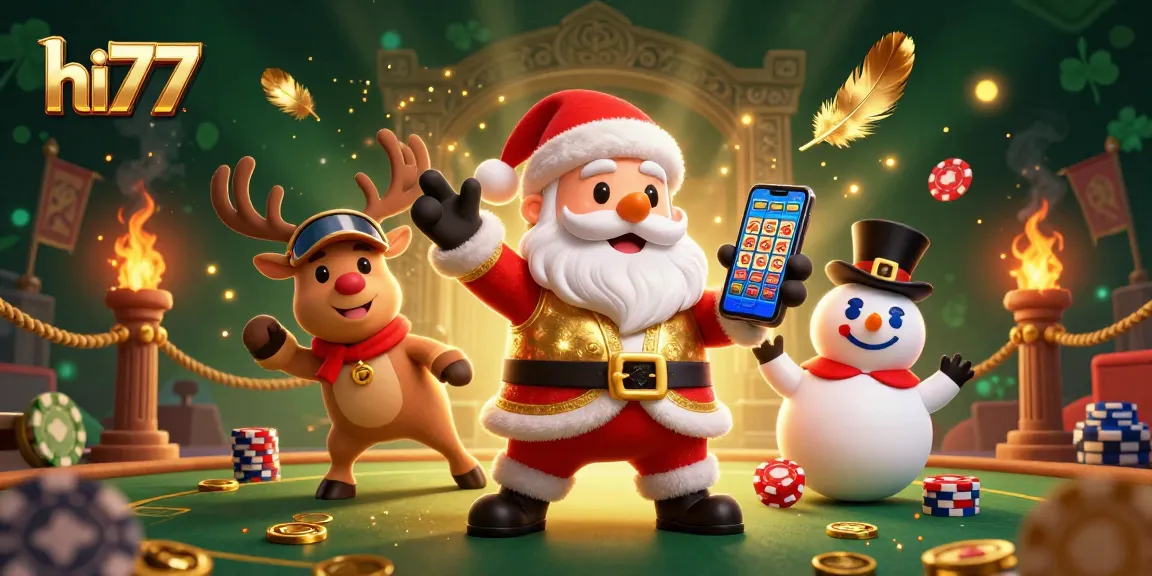 Exciting gameplay at hi77, featuring a festive casino scene with Santa, a reindeer dealer, and a poker chip snowman.