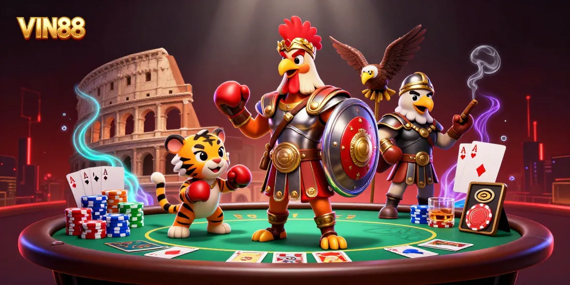 Immerse in VIN88's thrilling experience with a dynamic illustration of a gladiator rooster and poker elements.