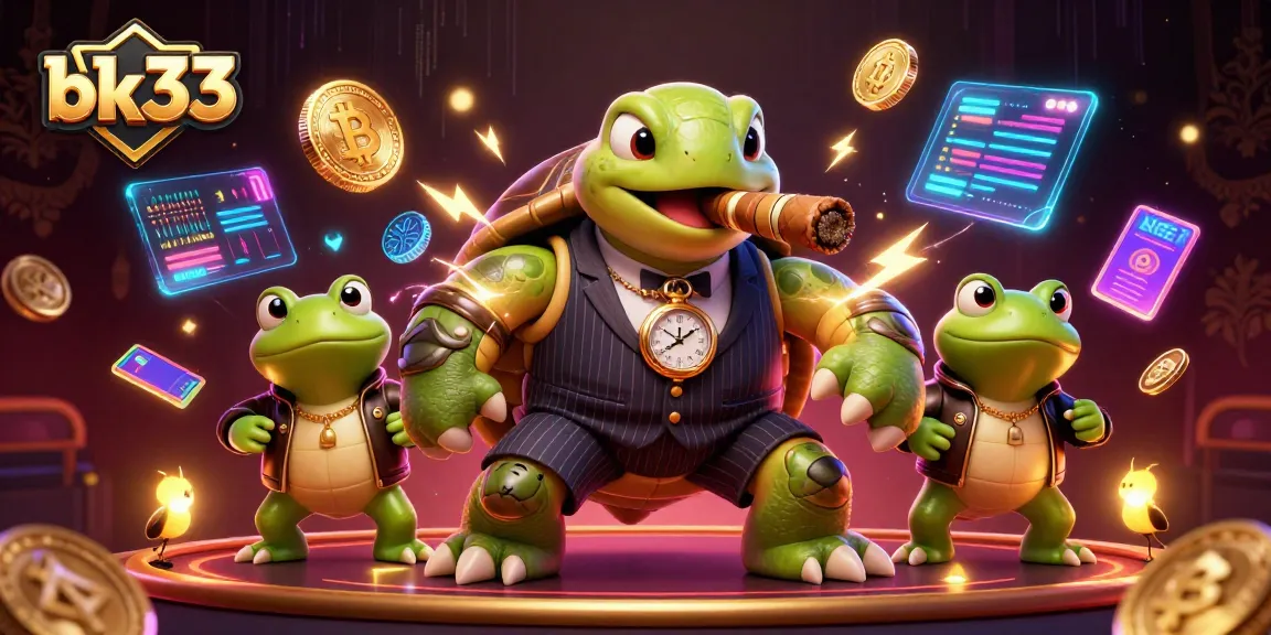 Place bets and win big at bk33 with a vibrant 3D illustration featuring casino elements.
