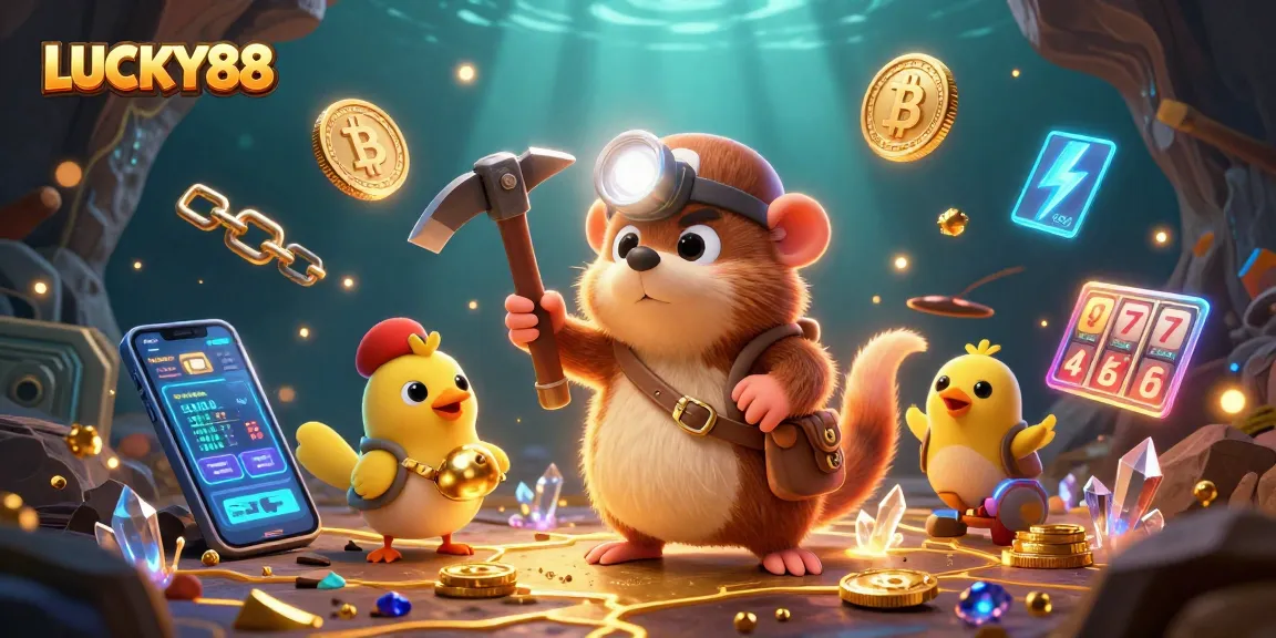 Experience the excitement of LUCKY88 with our treasure hunter character exploring a vibrant casino scene.
