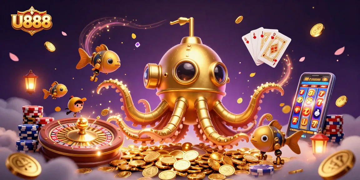 Join the thrilling adventure at U888, where a golden kraken submarine emerges from golden coins, surrounded by casino excitement.