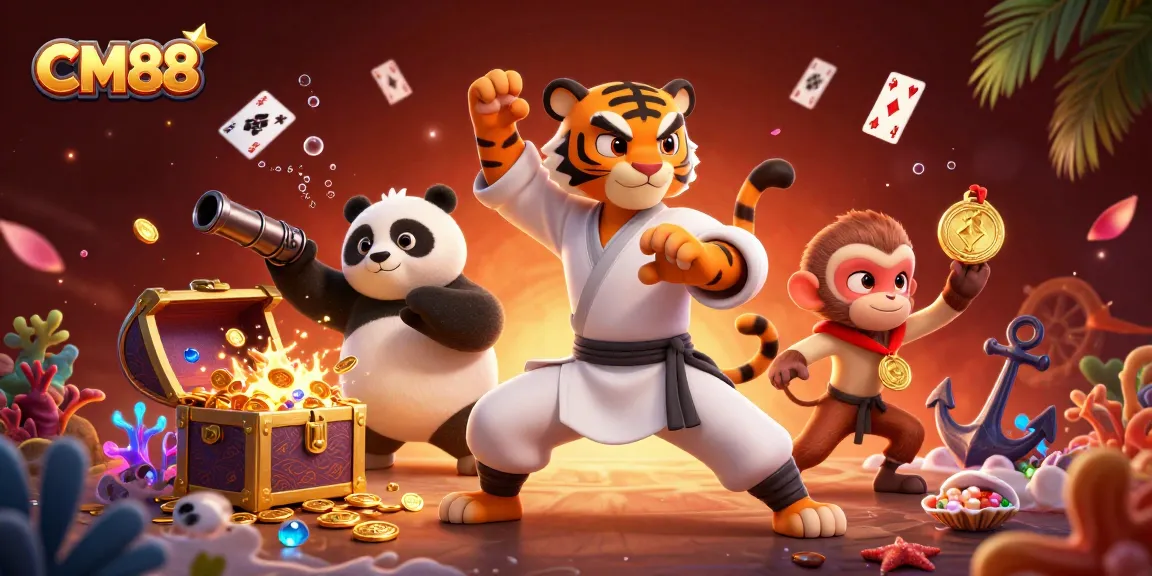 Experience thrilling gaming at CM88 with a kung fu tiger, panda disciple, and monkey student amidst casino treasure.