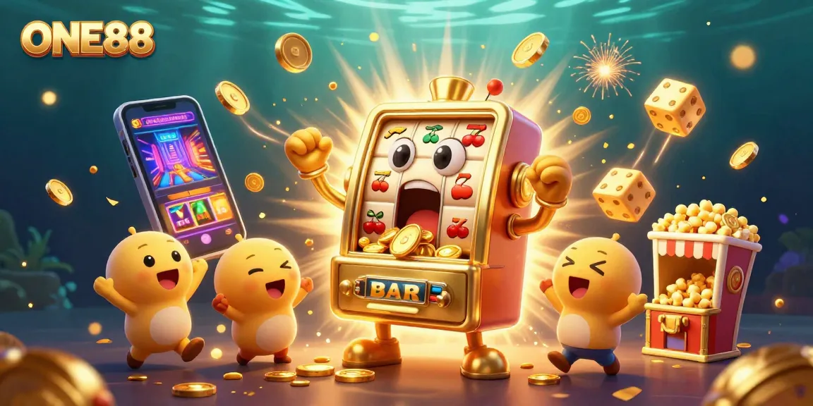 Win big at ONE88 with the cheerful golden slot machine in a vibrant jackpot celebration.