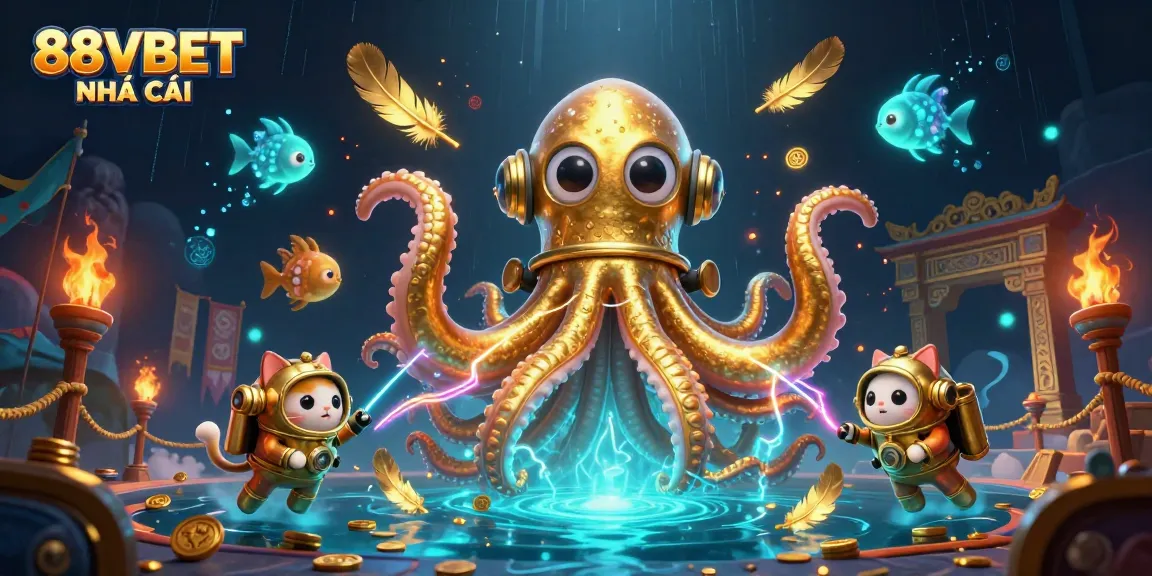 Engage with thrilling 88VBET NHÀ CÁI adventures featuring a colossal kraken amidst treasures and vibrant marine life.